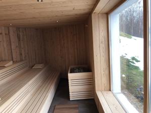 en el interior de una sauna de madera con ventana en Gasthof Deutscher Adler und Hotel Puchtler, en Bischofsgrün