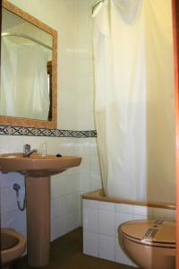 a bathroom with a sink and a toilet and a mirror at Hostal Rural Las Terrazas de la Alpujarra in Bubión