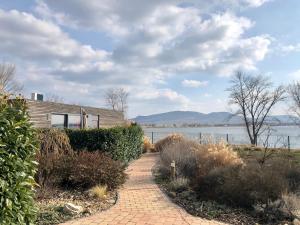 um caminho de tijolos que leva a uma casa ao lado de um lago em Hotel Termal Mušov em Pasohlávky