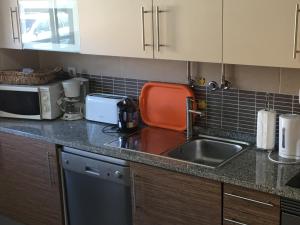 encimera de cocina con fregadero y microondas en Ria Apartments, en Olhão