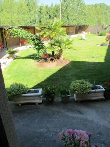 un giardino con tre panchine e piante in un cortile di Albergue San Pelayo a Villarente