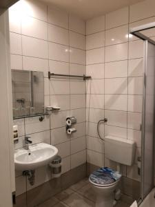 ein Bad mit einem WC und einem Waschbecken in der Unterkunft Hotel Poseidon in Bayreuth