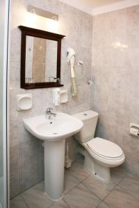 a bathroom with a sink and a toilet and a mirror at Hotel Prezydencki 3-star in Rzeszów