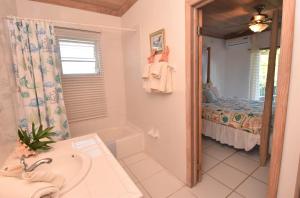 a bathroom with a sink and a shower and a bed at The Sugar Apple Lodging in Harbour Island