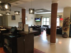 eine Lobby mit Sofas und einem TV in einem Gebäude in der Unterkunft Viseu Garden Hotel in Viseu