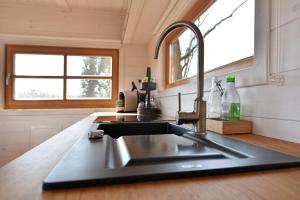 a kitchen counter with a sink and a window at Tiny House Dreischwesternherz in Trier