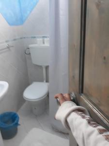 een witte badkamer met een toilet en een douche bij Vivenda Viviani in Praia