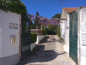 Une allée avec une porte dans un village aux fleurs violettes dans l'établissement Casa Dos Arrabidos, à Torres Novas