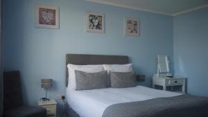 una camera blu con un letto e una sedia di The Lyncroft a Newquay