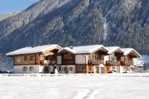 una cabaña de madera en la nieve con montañas en el fondo en Chalet Schnee, en Mayrhofen