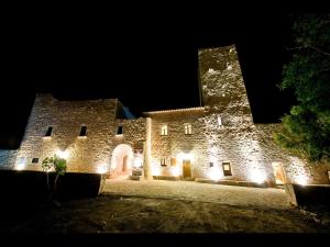 a large stone castle at night with lights at Arapakis Historic Castle in Pirgos Dhirou