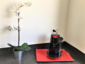 a coffee maker on a red tray next to a plant at chambre d'hôte-abc in Reims