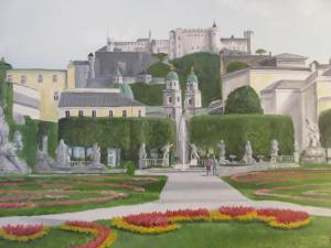 uma pintura de um jardim com um castelo ao fundo em Home Apartments em Salzburgo