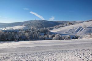 een met sneeuw bedekte berg met een skigebied in de verte bij Ferienwohnungen Oberwiesenthal in Kurort Oberwiesenthal