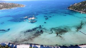 een luchtzicht op een strand met blauw water bij Residence Bellavista à Santa Giulia, proche de la plage et vue mer in Porto-Vecchio