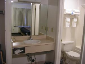 a bathroom with a sink and a toilet and a mirror at Mecca Motel in Colorado Springs