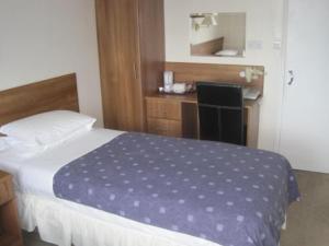 1 dormitorio con 1 cama con manta azul en Warwick Lodge, en Kingston upon Thames