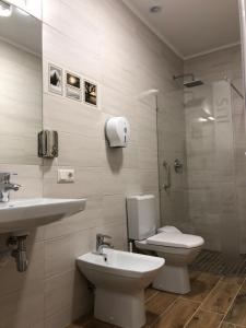 La salle de bains est pourvue d'un lavabo, de toilettes et d'une douche. dans l'établissement Hotel Bonus, à Kolomya