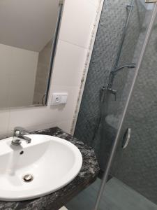 bagno con lavandino e doccia di Apartamenty Zełwągi a Mikołajki