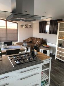 een keuken met een fornuis en een woonkamer bij Chalet SOL Y MAR in Renesse