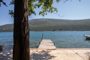 un molo su un lago con una barca in acqua di Riva Residence a Herceg-Novi