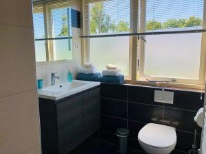 a bathroom with a sink and a toilet and windows at Gastenverblijf Neeltje in Oostkapelle