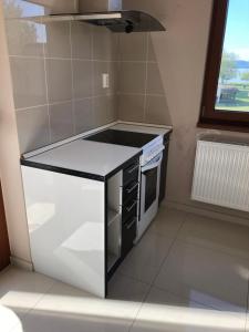 cocina con fogones y fogones horno superior en Liviapartman Lelle, en Balatonlelle