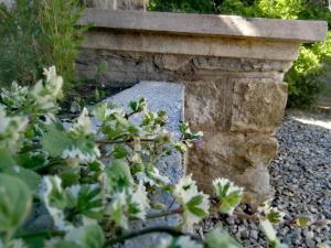 een stenen bank in een tuin met enkele planten bij Maison San Giovanni in Corte