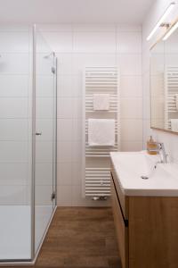 bagno bianco con doccia e lavandino di Gasthof Fischer Dörnbach a Wilhering