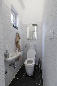 La salle de bains blanche est pourvue de toilettes et d'un lavabo. dans l'établissement Apartman Royal, à Slavonski Brod