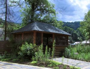 un piccolo edificio in legno con tetto di Сільська Садиба a Kvasy