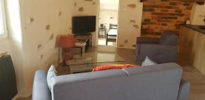 a living room with a couch and a television at Gite de la Haie in Apremont