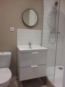 y baño blanco con lavabo y ducha. en Studio avec jardin et stationnement gratuit à Rouen, en Rouen