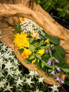 un ramo de flores en un tazón de madera en Biohotel Walserstuba, en Riezlern