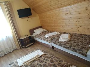 een kamer met 2 bedden en een televisie in een cabine bij Camelot in Rakhiv