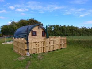 une petite maison en bois avec une clôture dans un champ dans l'établissement shanagarry / Ballycotton Glamping pod, à Cork