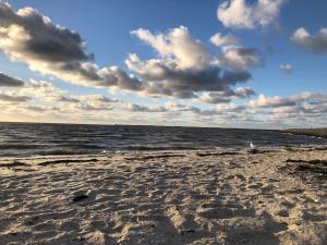 una playa con un cielo nublado y el océano en Haus Daniel, en Neuharlingersiel