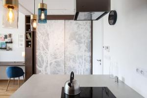 a kitchen with a large window in a room at Cosy Design Apartment IV in Brno