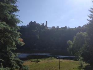 vista su un fiume con un castello sullo sfondo di Pod hradem Cornštejn a Oslnovice