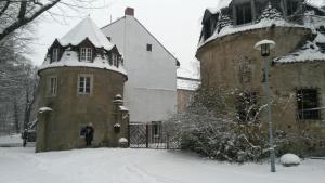 een persoon die in de sneeuw voor een gebouw staat bij Schloss Kobershain in Schildau