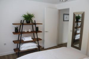 a room with a shelf with plants and a mirror at City Apartment in Winchester