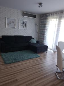 - un salon avec un canapé noir et un tapis dans l'établissement Angel Apartament, à Władysławowo