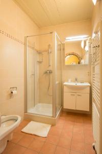 a bathroom with a shower and a sink at City Flats by Lybeer Hotel Group in Bruges