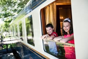 カンポ・ディ・トレンスにあるLuxury Lodge - Orient Express Lenerの二人の子供が列車の窓の外を見ている