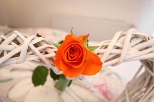 une rose orange dans un panier en osier dans l'établissement Haus Sonnenhang, à Sölden