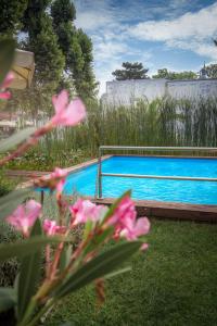 ein Pool mit rosa Blumen davor in der Unterkunft Renegade Hotel in Siófok