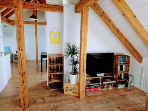 a living room with a flat screen tv and wooden beams at Weinblick in Besigheim