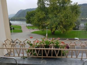 - un balcon avec une table et des fleurs dans l'établissement Hotel zum Anker, à Andernach