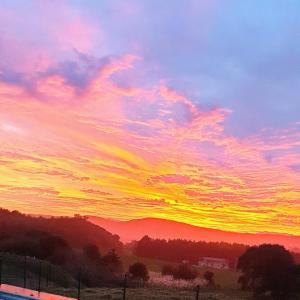 un coucher de soleil dans un champ avec un ciel dans l'établissement Apartamentos La Pradera de Isla, à Isla