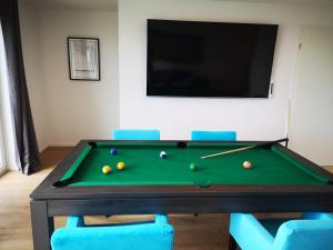 a pool table with balls on it and a flat screen tv at Schleivilla Hafenmeister in Kappeln